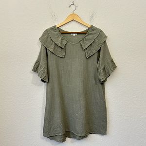 UMGEE USA Olive Green Cotton Tunic Mini Dress Ruffle Accents